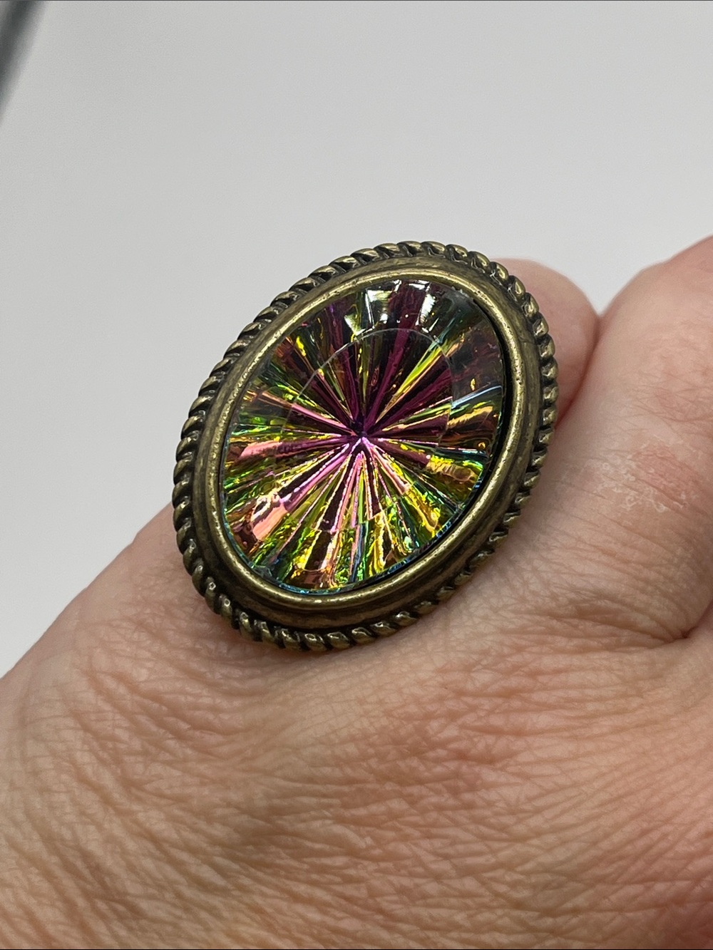 Iridescent Multicolor Oval Statement Ring in Brass-Tone adjustable